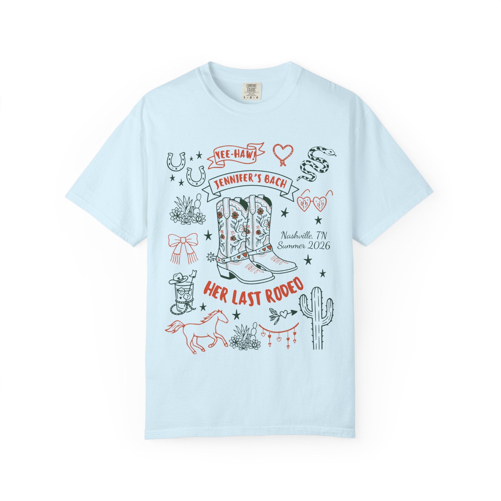 Light blue t-shirt with "Jennifer's Bach Her Last Rodeo" and Nashville TN graphics.