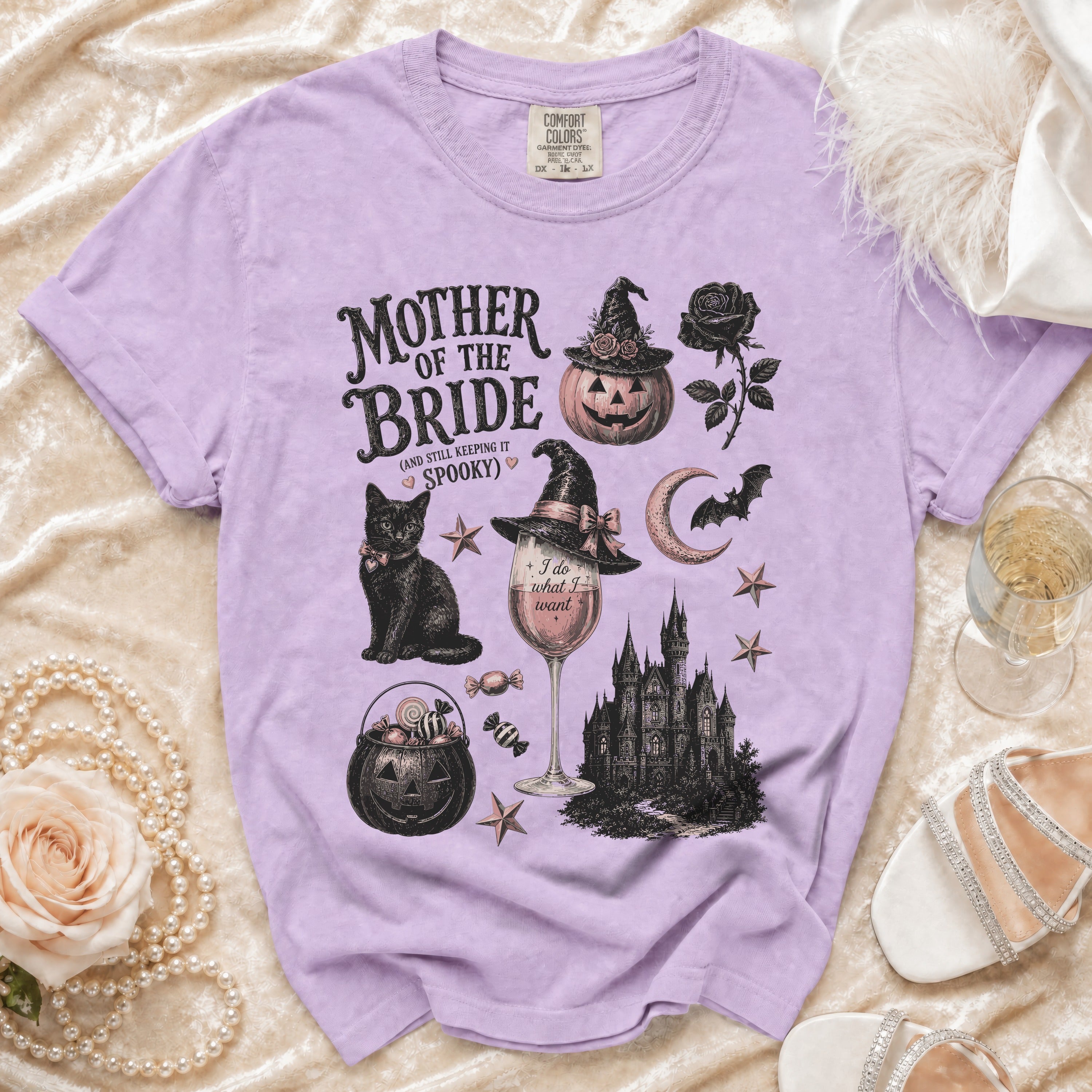 Lavender t-shirt with Halloween-themed "Mother of the Bride" graphic.