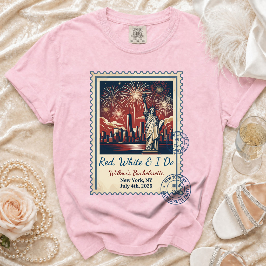 Red, White & I Do bachelorette t-shirt with Statue of Liberty design.