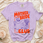 Lilac t-shirt with "Mother of the Bride Club" graphic featuring a ghost and pumpkin.