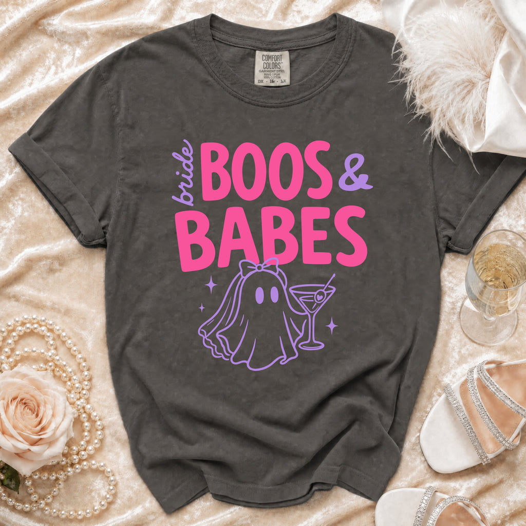 Dark grey t-shirt with "bride BOOS & BABES" text and ghost graphic.