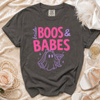 Dark grey t-shirt with "bride BOOS & BABES" text and ghost graphic.