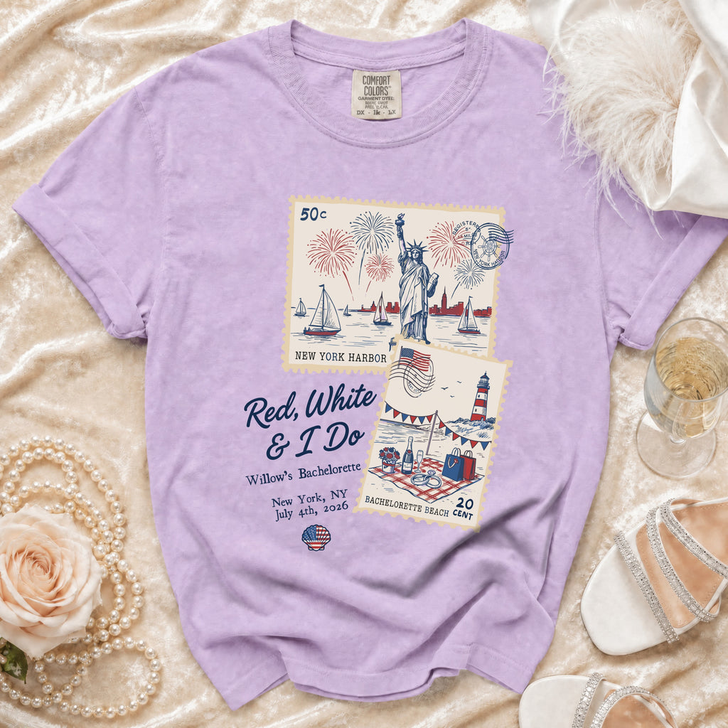 Lavender t-shirt with "Red, White & I Do" and NYC July 4th bachelorette theme.