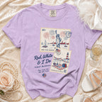 Lavender t-shirt with "Red, White & I Do" and NYC July 4th bachelorette theme.