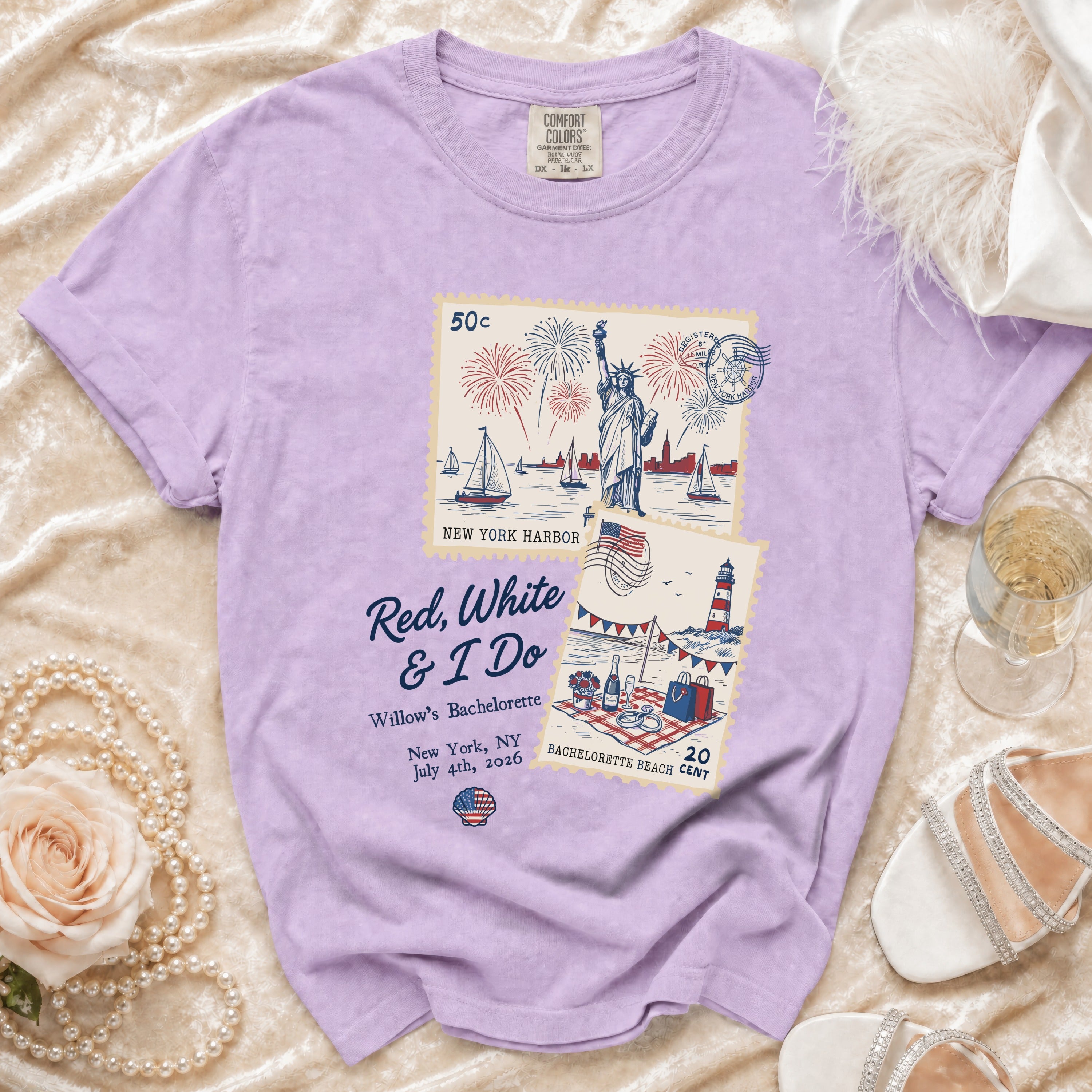 Lavender t-shirt with "Red, White & I Do" and NYC July 4th bachelorette theme.