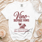 White t-shirt featuring burgundy text reading Vino Before Vows, Napa Valley, California, and Olivia's Bachelorette Weekend.
