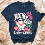 Navy t-shirt with "Mother of the Groom Spooky & Proud" text and a ghost.