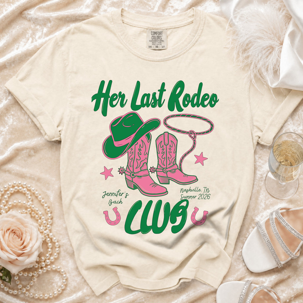 "Her Last Rodeo Club" t-shirt with cowboy boots and hat, Nashville.