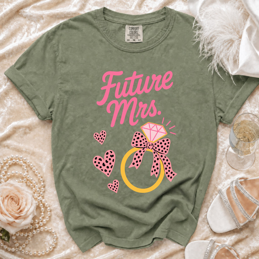 Olive green t-shirt with "Future Mrs." text and engagement ring graphic.