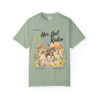 "Her Last Rodeo" t-shirt with cowboy on horseback, desert, and flowers.