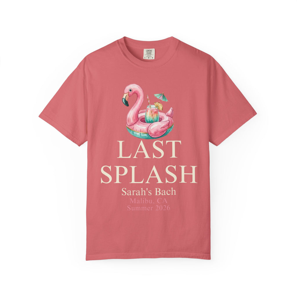 Salmon t-shirt with "Last Splash" and flamingo float graphic.