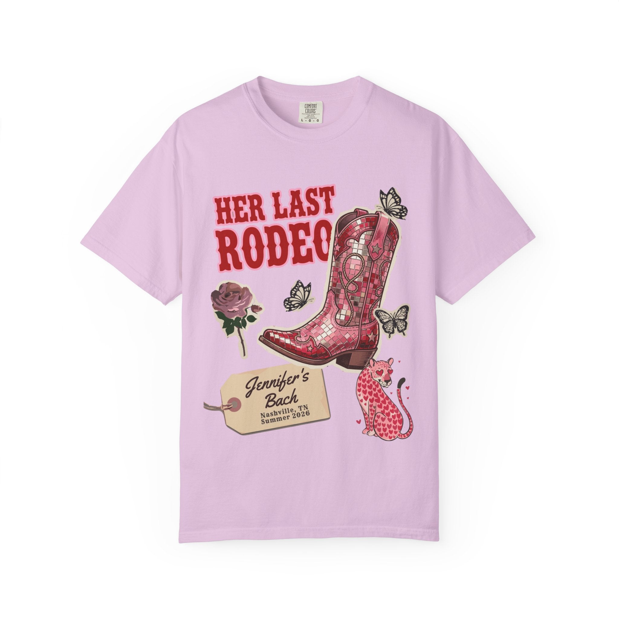 Pink t-shirt with "Her Last Rodeo" text and cowboy boot graphic.