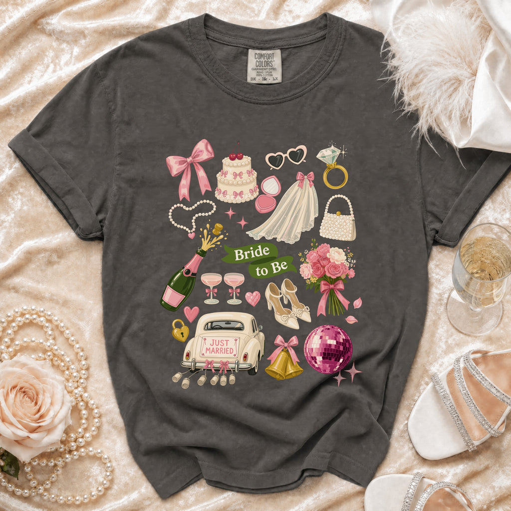 Dark grey t-shirt with "Bride to Be" design featuring wedding elements and "Just Married" car.