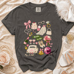 Dark grey t-shirt with "Bride to Be" design featuring wedding elements and "Just Married" car.