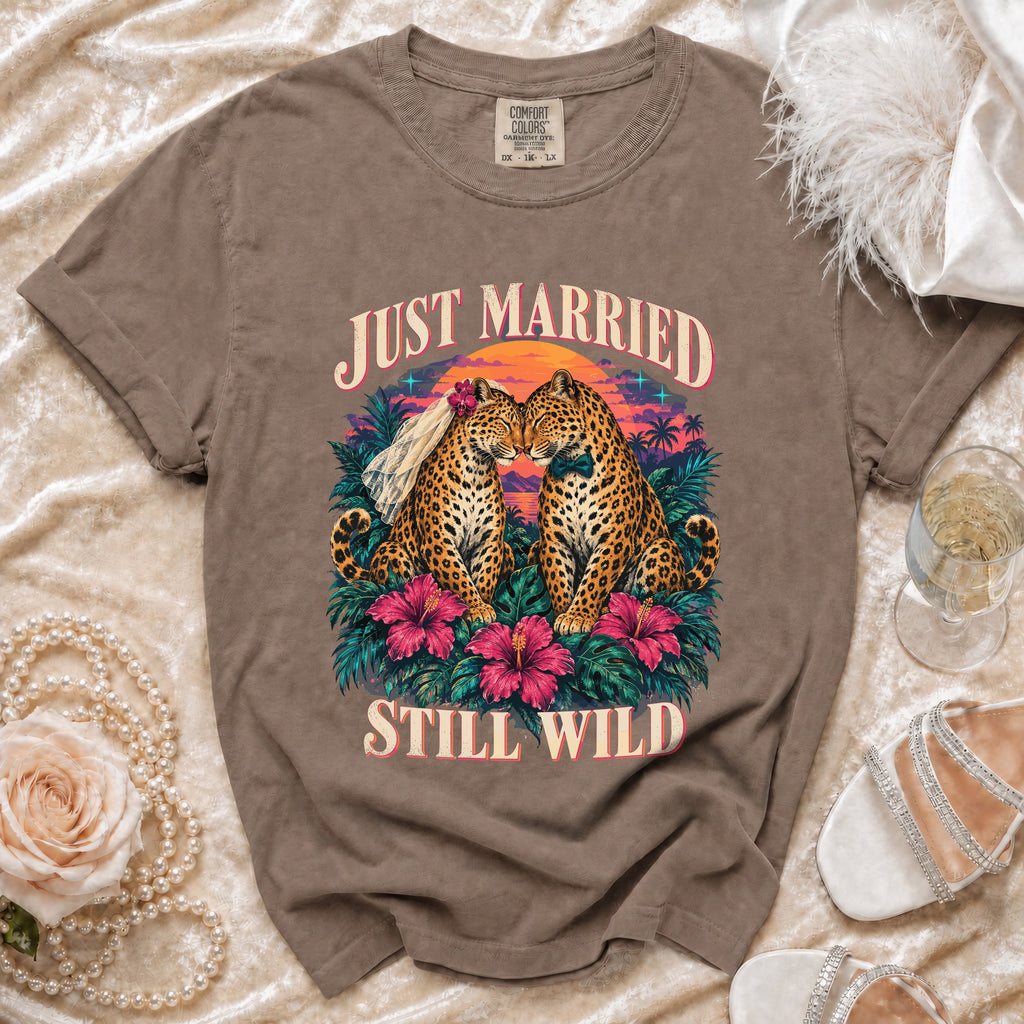 T-shirt with graphic of two leopards, "JUST MARRIED" and "STILL WILD".
