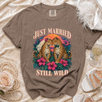 T-shirt with graphic of two leopards, "JUST MARRIED" and "STILL WILD".