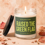 Candle with "Raised The Green Flag" text for Maid of Honor, Vowed, Hand Poured.
