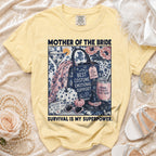 Yellow t-shirt with "Mother of the Bride Survival Is My Superpower" graphic.