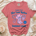 Pink t-shirt with "Her Last Rodeo" and cowboy boots graphic for a bachelorette.