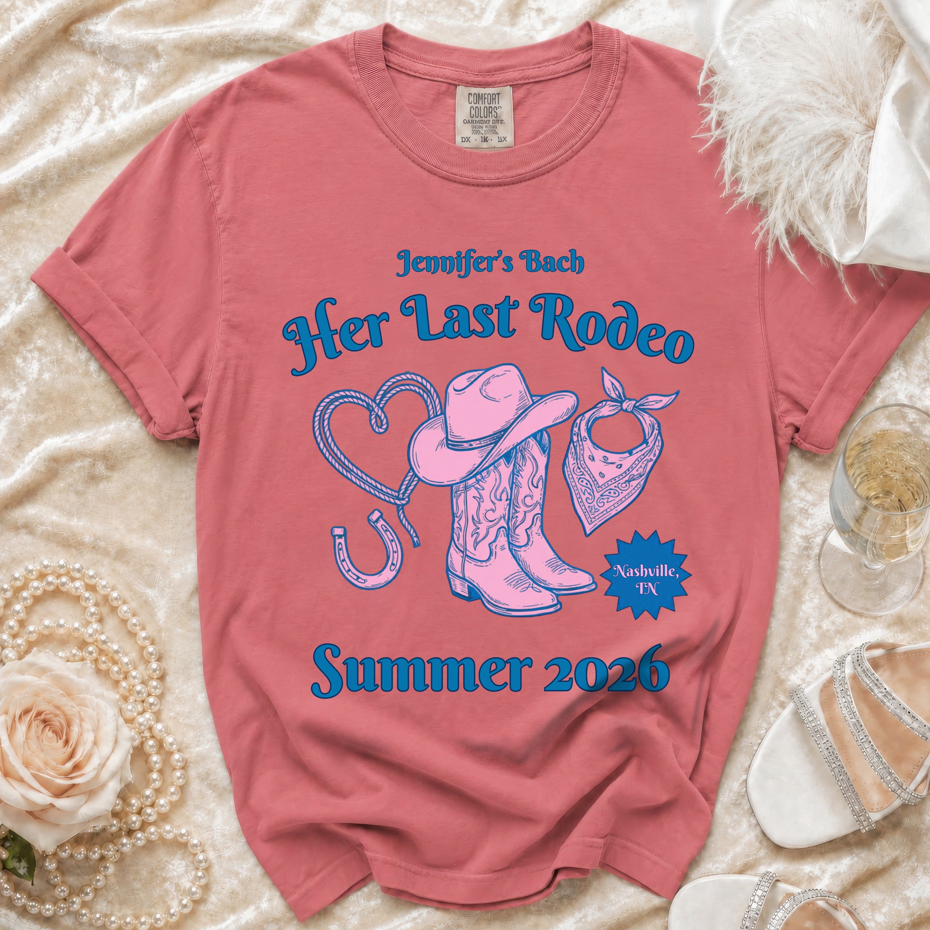 Pink t-shirt with "Her Last Rodeo" and cowboy boots graphic for a bachelorette.