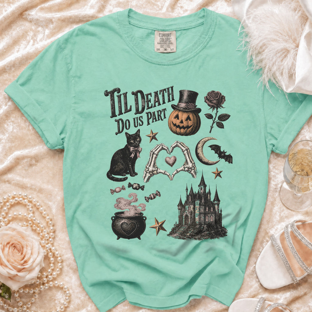 T-shirt with "Til Death Do Us Part" text and Halloween-themed graphics.