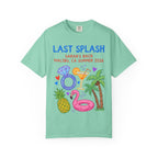 T-shirt with "Last Splash Sarah's Bach Malibu, CA Summer 2026" and tropical graphics.