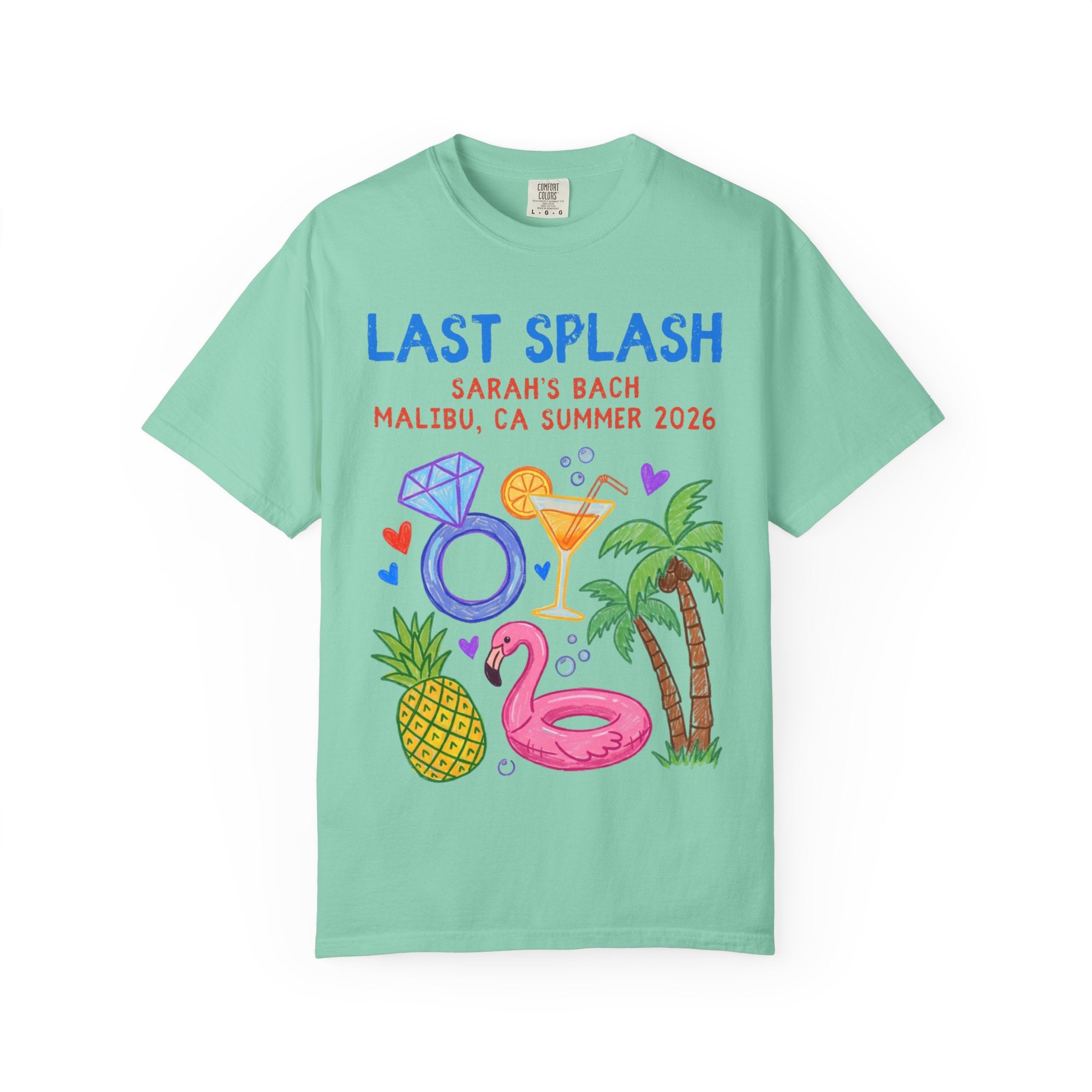 T-shirt with "Last Splash Sarah's Bach Malibu, CA Summer 2026" and tropical graphics.