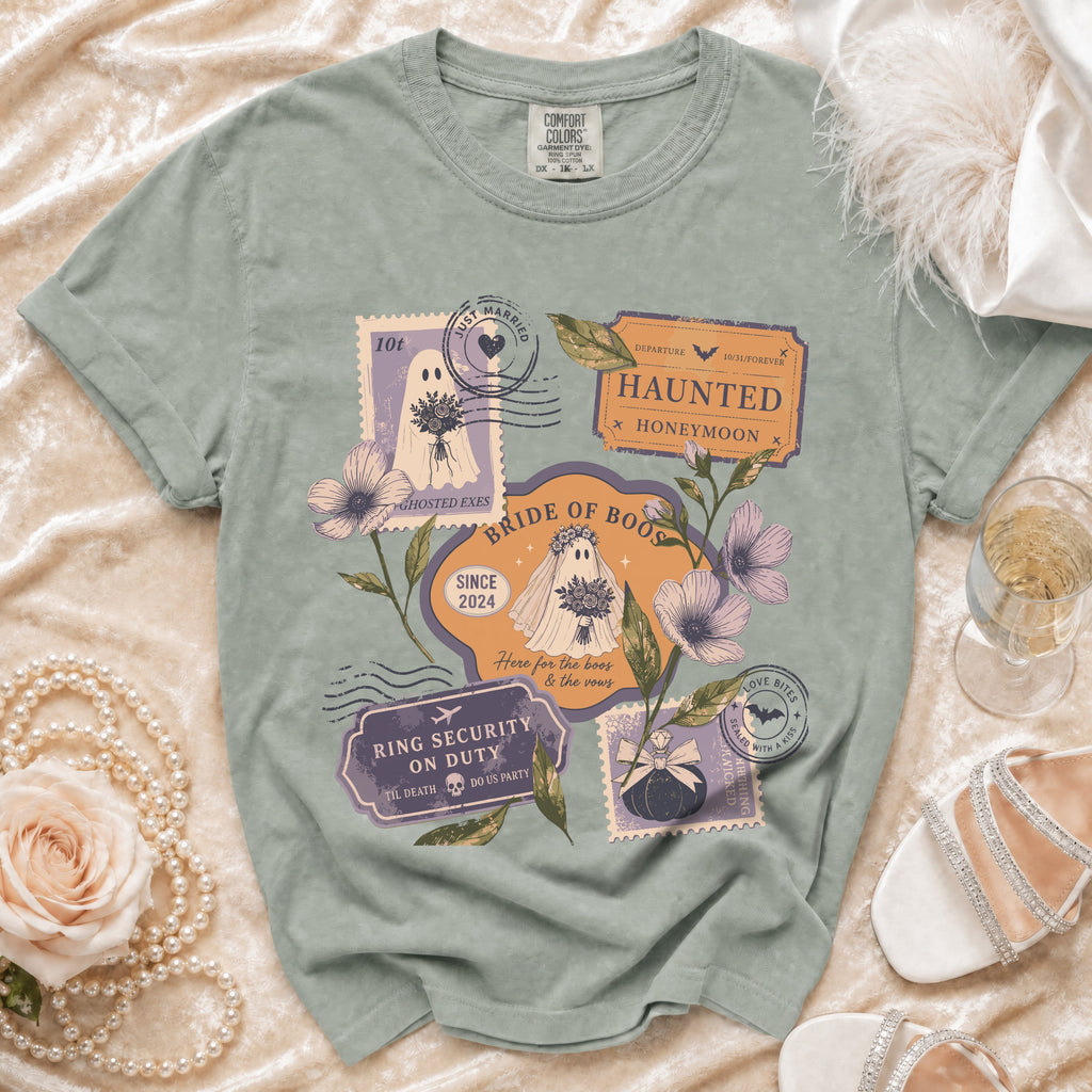 Green t-shirt with "Bride of Boos" Halloween wedding graphic and postage stamps.