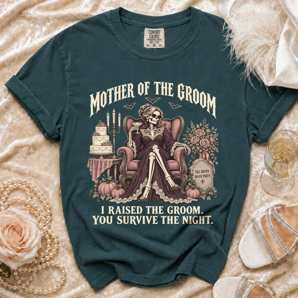 Mother of the Groom skeleton graphic tee with wedding cake and tombstone.