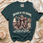 Mother of the Groom skeleton graphic tee with wedding cake and tombstone.