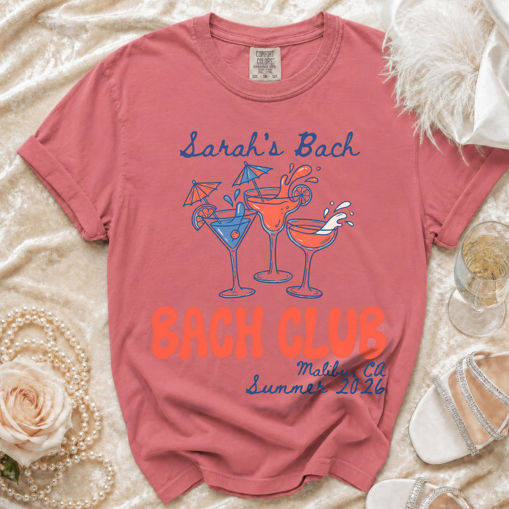 Coral t-shirt with "Sarah's Bach Bach Club Malibu CA Summer 2026" text.
