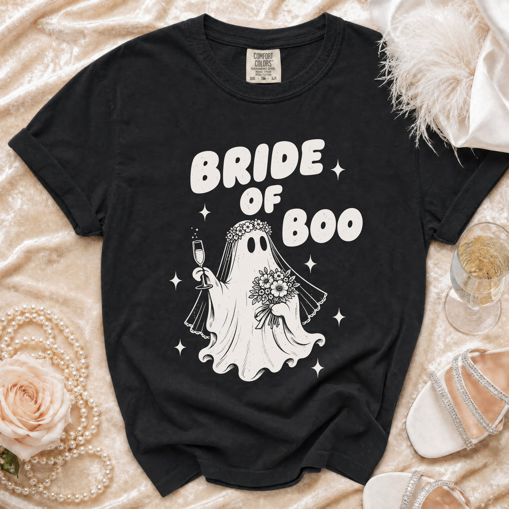 Black t-shirt with "Bride of Boo" text and a ghost bride graphic.