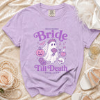 Purple t-shirt with "Proud Member Bride Till Death Book Club" ghost graphic.