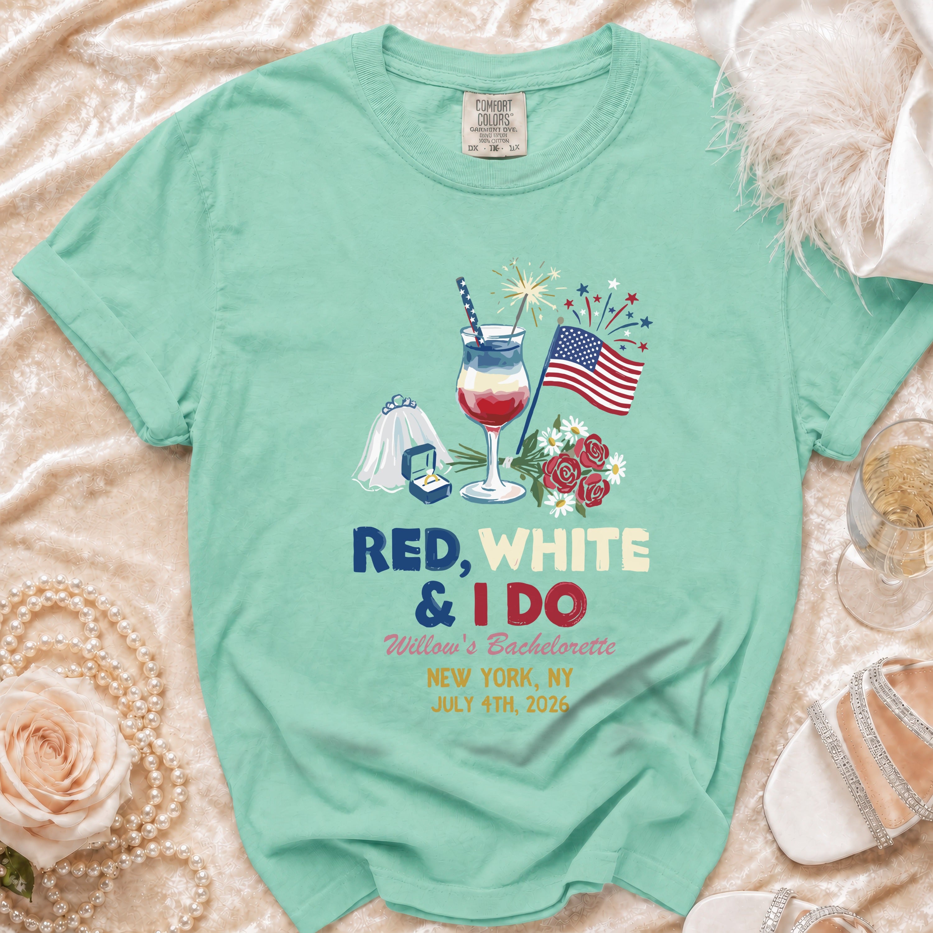 Mint t-shirt with "RED, WHITE & I DO" text, Willow's Bachelorette details.