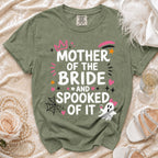 Green t-shirt with "Mother of the Bride and Spooked of It" text and Halloween graphics.