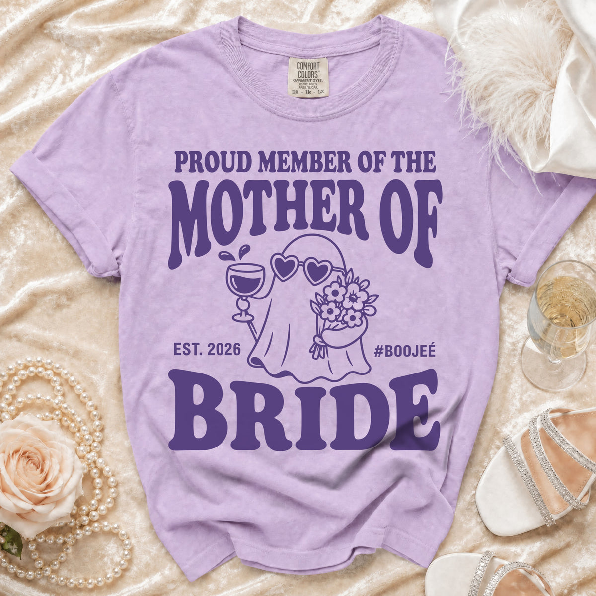 Proud Mother of the Bride t-shirt with ghost graphic, Est. 2026.