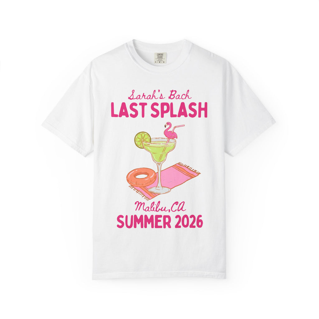 White t-shirt with "Sarah's Bach Last Splash" and margarita graphic.
