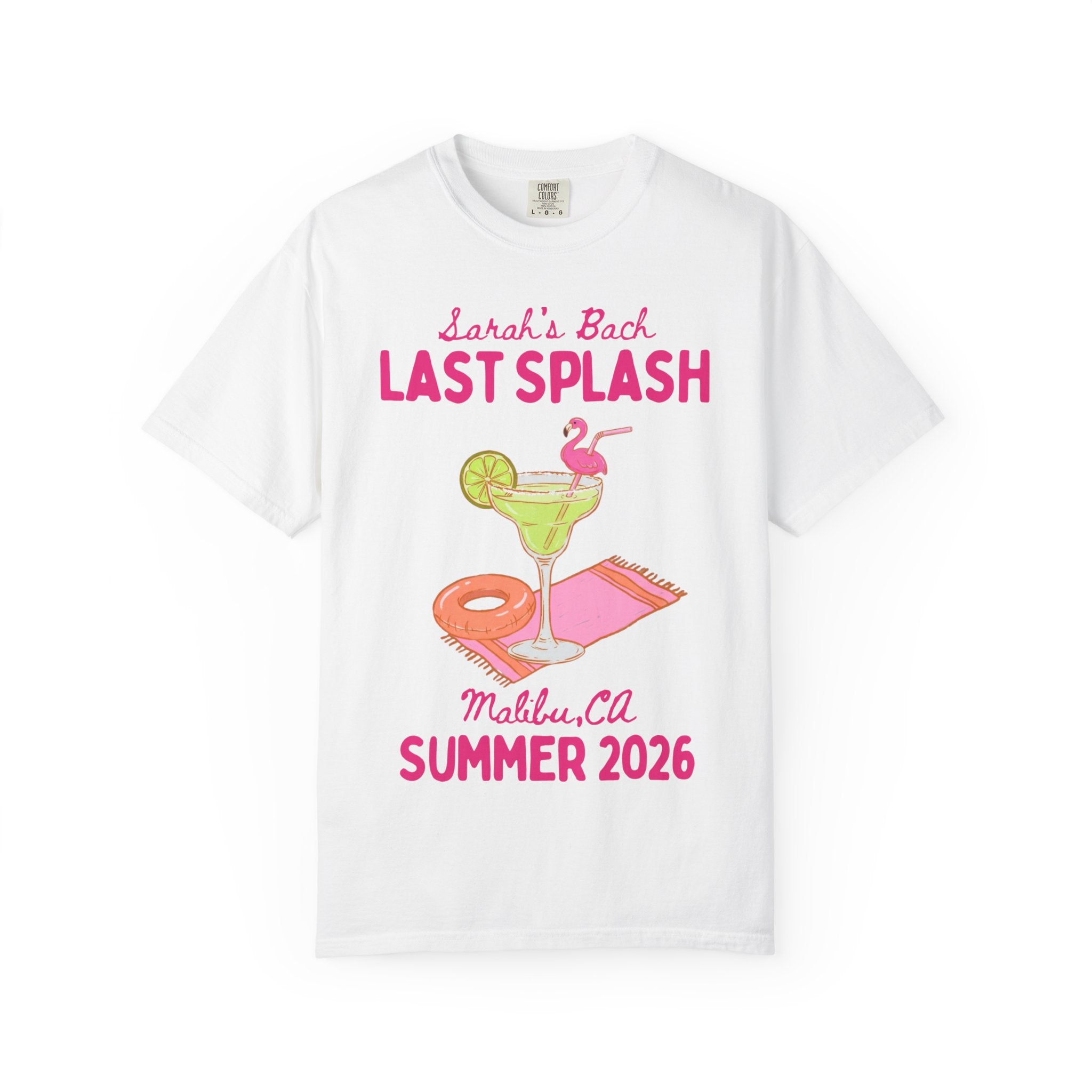 White t-shirt with "Sarah's Bach Last Splash" and margarita graphic.