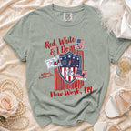 Comfort Colors t-shirt with patriotic design and "Red, White & I Do" text.