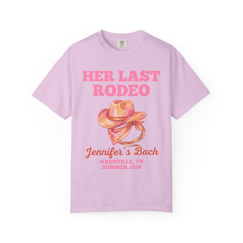 Pink t-shirt with "Her Last Rodeo" and cowboy hat design.