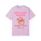 Pink t-shirt with "Her Last Rodeo" and cowboy hat design.