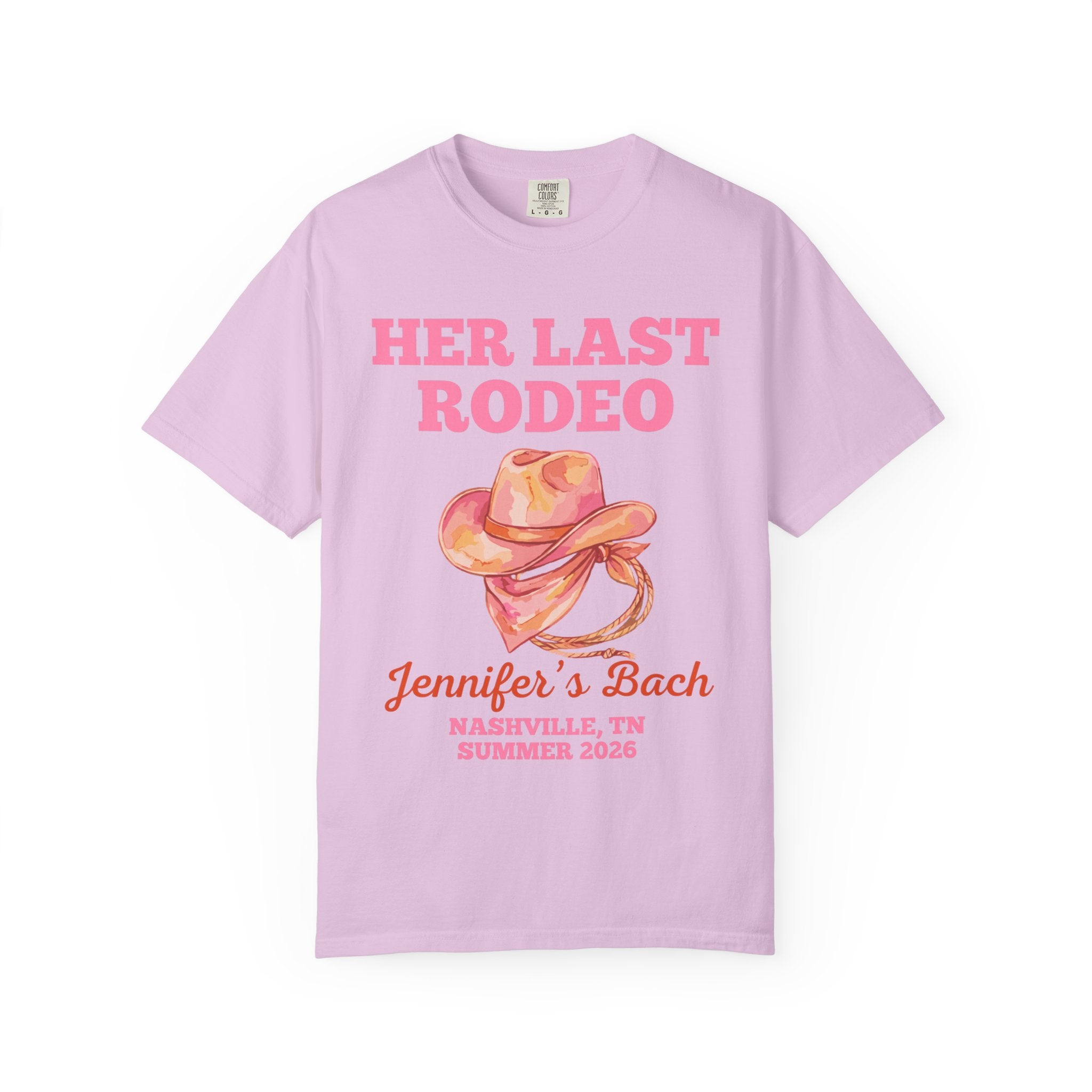 Pink t-shirt with "Her Last Rodeo" and cowboy hat design.