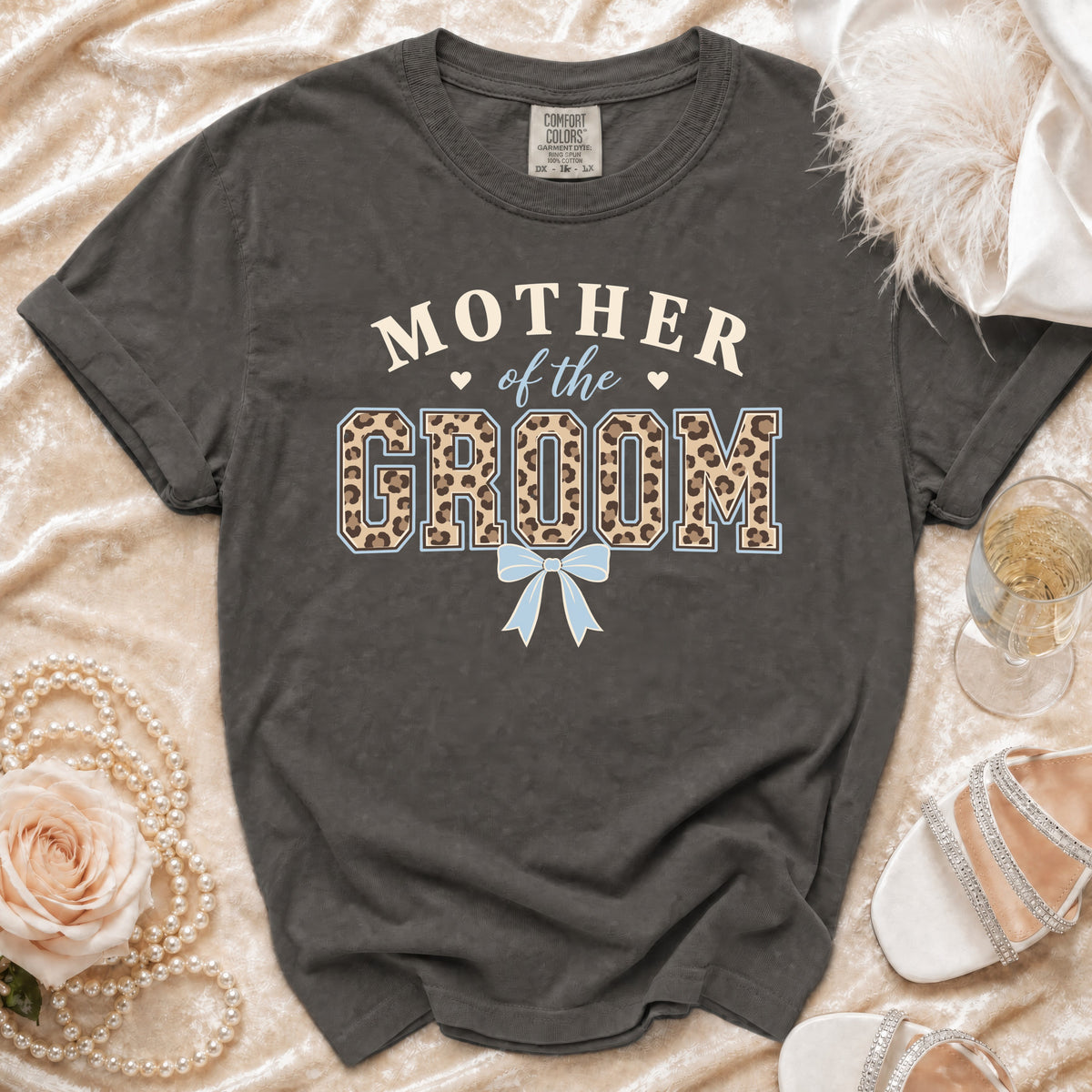 Comfort Colors "Mother of the Groom" t-shirt with leopard print and blue bow.