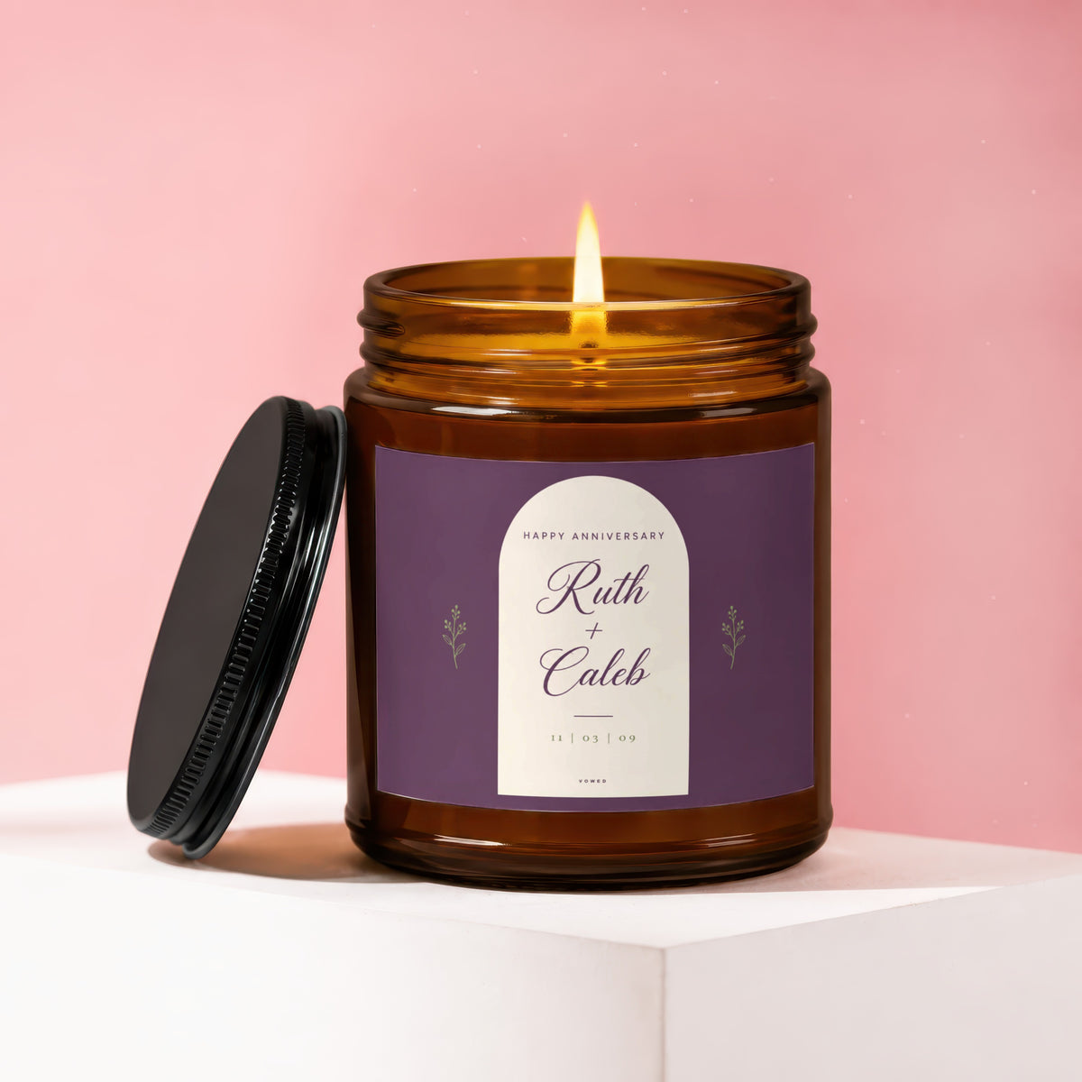 Anniversary candle for Ruth and Caleb with date 11 | 03 | 09.