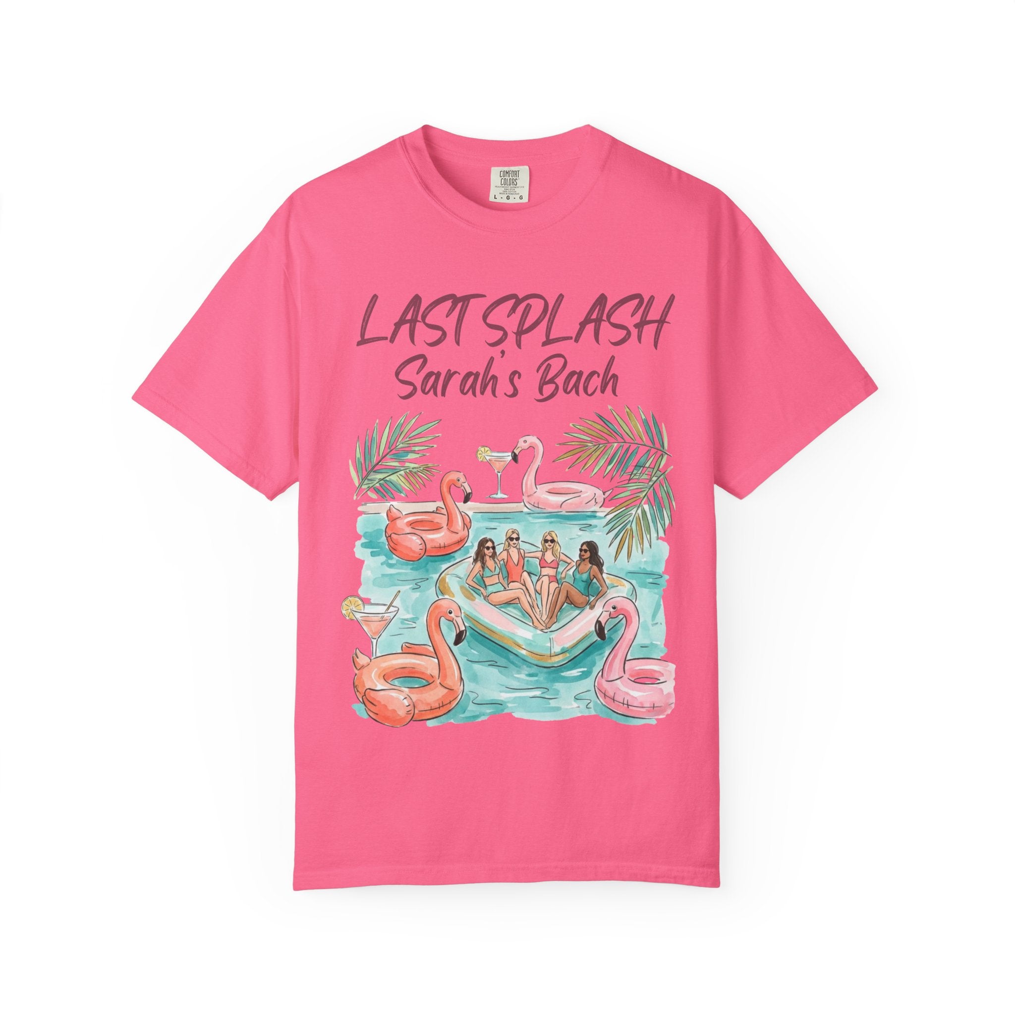 Pink t-shirt with "Last Splash Sarah's Bach" text and pool party graphics.