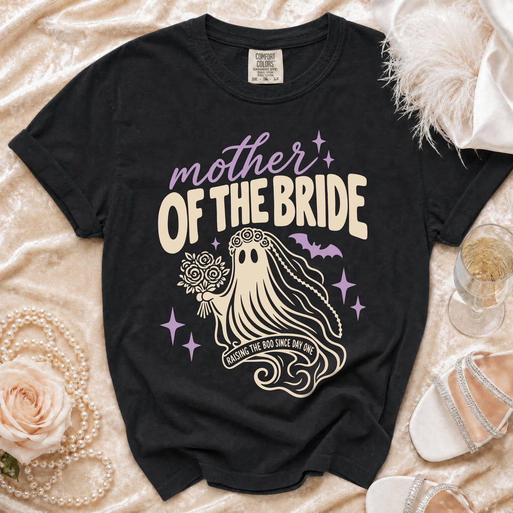 Black t-shirt with "Mother Of The Bride" text and ghost bride graphic.