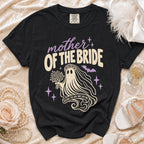 Black t-shirt with "Mother Of The Bride" text and ghost bride graphic.