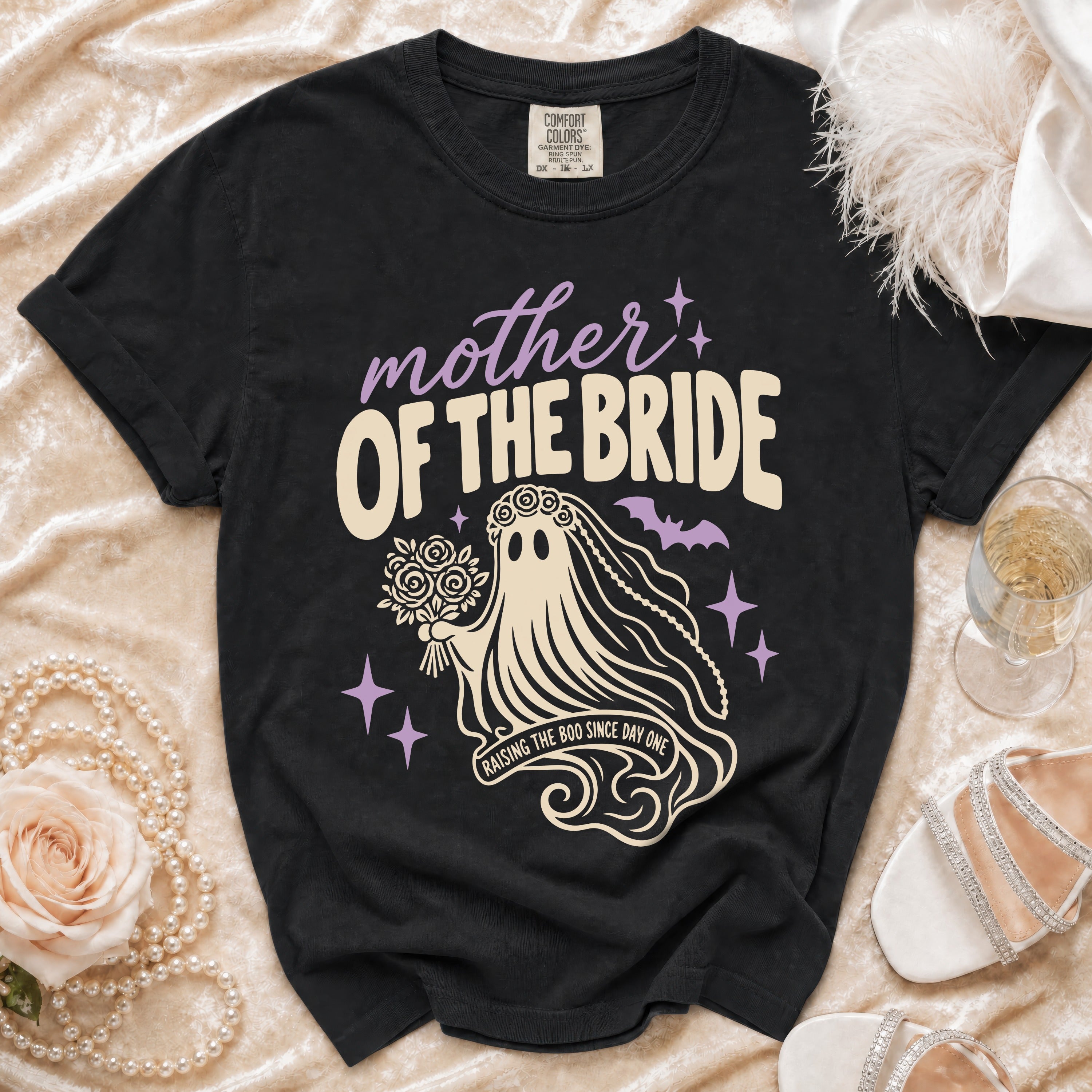 Black t-shirt with "Mother Of The Bride" text and ghost bride graphic.