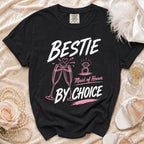 Black t-shirt with "Bestie Maid of Honor By Choice" text and graphics.