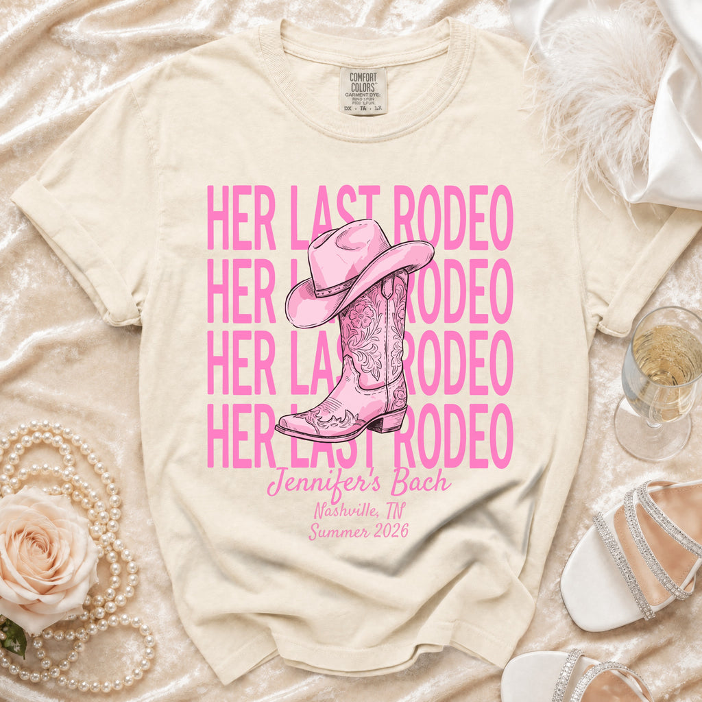 "Her Last Rodeo" text with pink cowboy boot and "Jennifer's Bach" Nashville text.